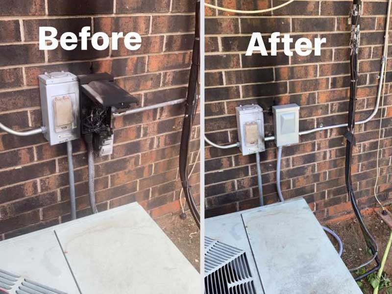Before and after photo of a burnt electrical panel